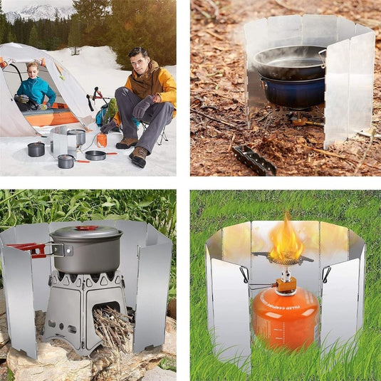Vier afbeeldingen tonen het buitenkoken: twee mensen genieten van een buitenkookervaring met kookgerei, een pot op een kampvuur, een fornuis met het "Bescherm je vlam: Het ultieme aluminium campingfornuis windscherm", en een gasbrander met een pot afgeschermd door een ingenieuze kampeergadget.