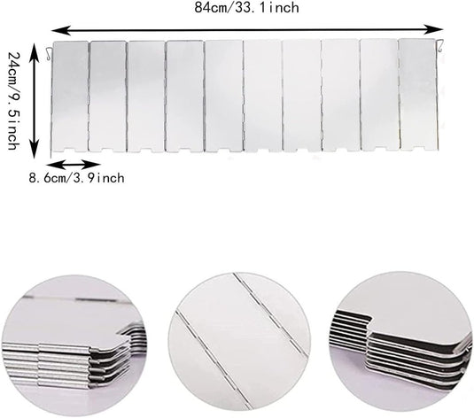 Het "Bescherm je vlam: Het ultieme aluminium camping fornuis windscherm" is een opvouwbare 84cm x 24cm backsplash met negen verbonden panelen, die uw buitenkoken verbetert. Inzetstukken benadrukken de praktische paneelranden en -naden, waardoor het een onmisbaar kampeergadget is.