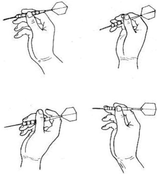 Illustratie van vier verschillende handgrepen die een dart vasthouden, met verschillende technieken voor het spelen van darts met Perfecte dartpijlen voor beginners en enthousiaste spelers! 🎯.