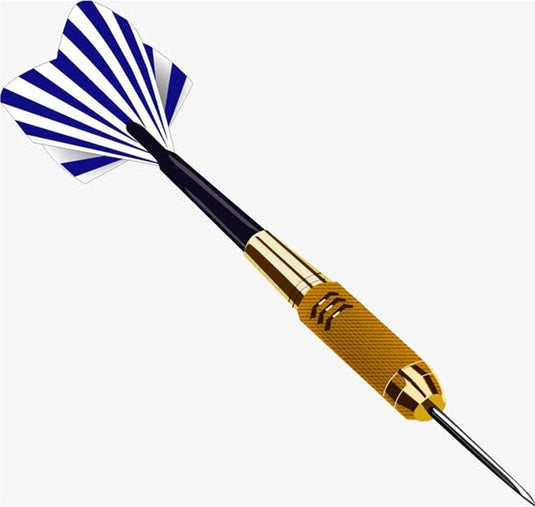 De "Perfecte dartpijlen voor beginners en enthousiaste spelers! 🎯" hebben een strak design met een gouden barrel, zwarte shaft en blauw-wit gestreepte flights, wat een verbluffende verschijning vormt op een onberispelijk witte achtergrond.
