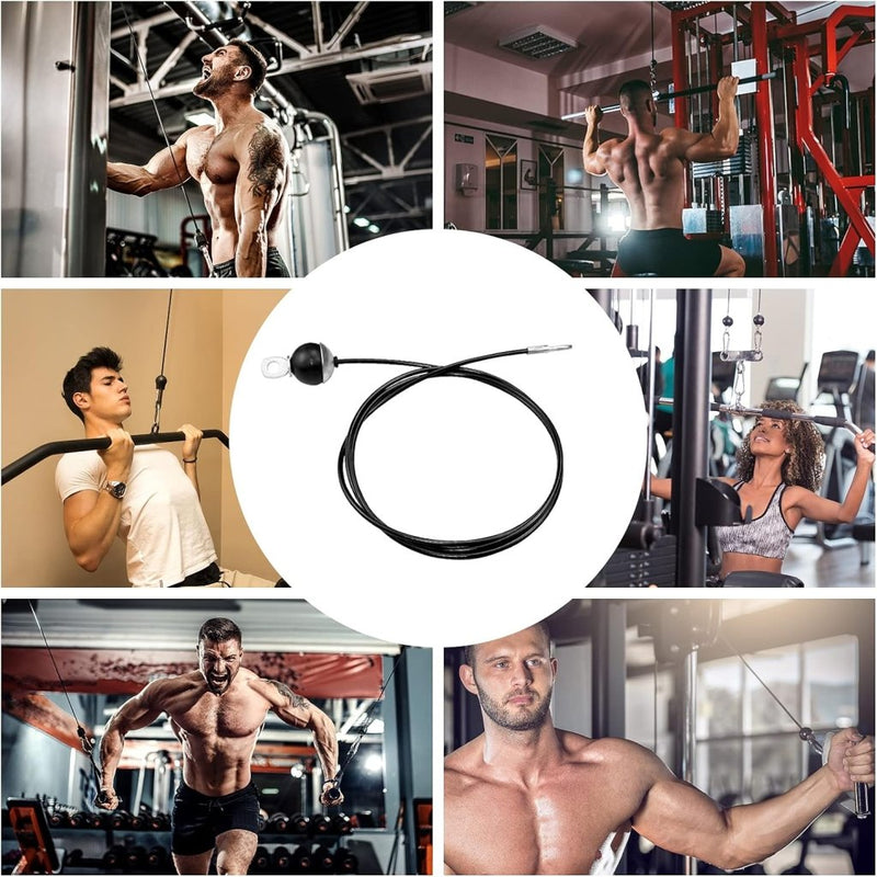Laad afbeelding in Galerijviewer, Een levendige collage waarin vijf personen worden belicht die fitnessapparatuur gebruiken, omringt de &quot;Sterke 2m fitness stalen kabel voor je thuis gym&quot;, bestaande uit duurzaam roestvrij staaldraad voor sterkte en stabiliteit bij elke trekkracht.
