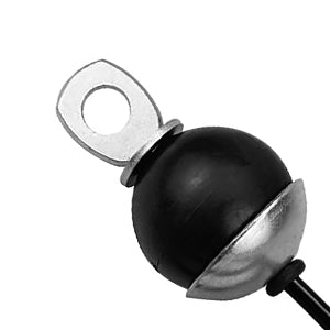 Het product is een zwart en metallic bolvormig item met een lus, dat lijkt op een decor of mechanisch stuk, precies gemaakt van roestvrij staaldraad voor extra duurzaamheid. Het staat bekend als de Sterke 2m fitness stalen kabel voor je thuis gym.