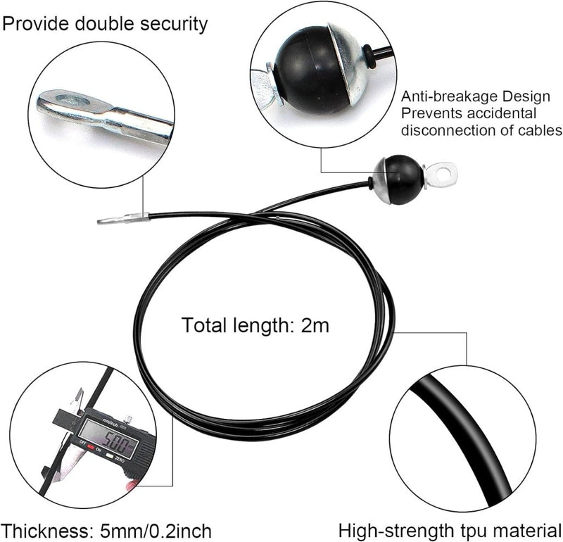 Laad afbeelding in Galerijviewer, Afbeelding van de Sterke 2m fitness stalen kabel, met een anti-breukontwerp met zeer sterk TPU-materiaal en een dikte van 5 mm. Close-upbeelden benadrukken de gestroomlijnde structuur, met een digitale schuifmaat die de duurzame roestvrij staaldraad van de kabel laat zien.
