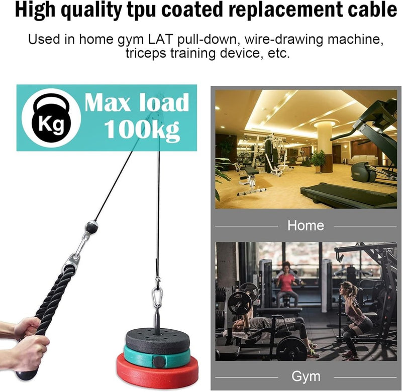 Laad afbeelding in Galerijviewer, Deze advertentie presenteert de &quot;Sterke 2m fitness stalen kabel voor je thuis gym&quot;, een duurzame roestvrijstalen draad met een maximale laadcapaciteit van 100kg, ideaal voor thuis- en sportschoolgebruik om intensieve trainingen te weerstaan.

