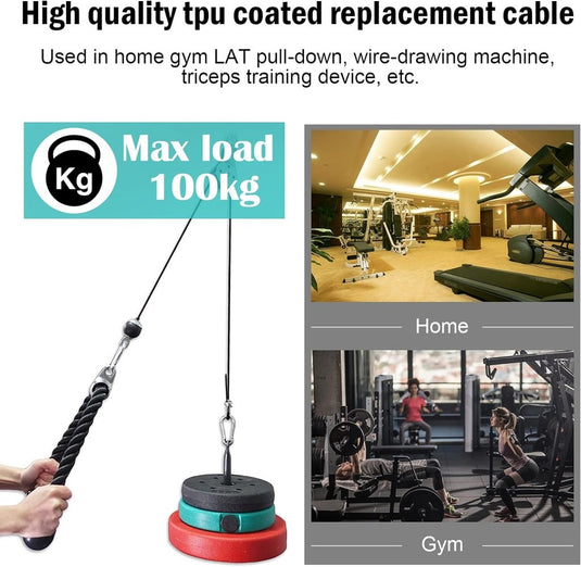 Deze advertentie presenteert de "Sterke 2m fitness stalen kabel voor je thuis gym", een duurzame roestvrijstalen draad met een maximale laadcapaciteit van 100kg, ideaal voor thuis- en sportschoolgebruik om intensieve trainingen te weerstaan.