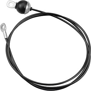 Een zwarte lanyard gemaakt van duurzaam 'roestvrij staaldraad' met een metalen lus aan het ene uiteinde en een cilindrische bevestiging aan het andere uiteinde, vergelijkbaar in kwaliteit met de Sterke 2m fitness stalen kabel voor thuissportscholen.