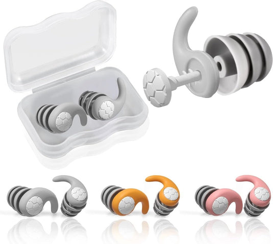 De serie "Ervaar comfort en bescherming met onze siliconen zwemoordoppen!" omvat waterdichte siliconen oordopjes in verschillende kleuren met een drielaags ruisonderdrukkingsontwerp en ergonomische vorm, gepresenteerd in een open plastic draagtas.