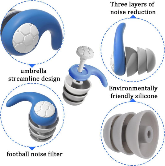 Ervaar comfort en bescherming met onze siliconen zwemoordoppen! Deze blauw-witte oordopjes hebben een voetbalthema-ruisfilter, drielaagse ruisonderdrukking en een paraplu-stroomlijnontwerp. Gemaakt van milieuvriendelijk siliconen, zijn ze perfect voor onderwateravonturen.