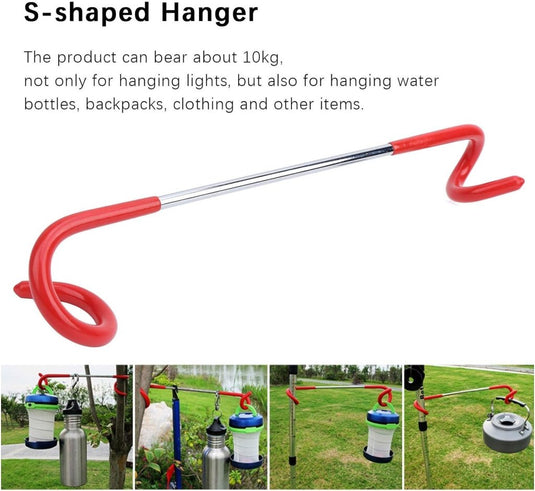 De Avontuurlijk licht: 3x outdoor multifunctionele campinglamp haak heeft een S-vormige hanger met rode haken, die tot 10 kg kan dragen. Afbeeldingen tonen het vasthouden van een waterfles, rugzak en kampeerlamp voor outdooravonturen.