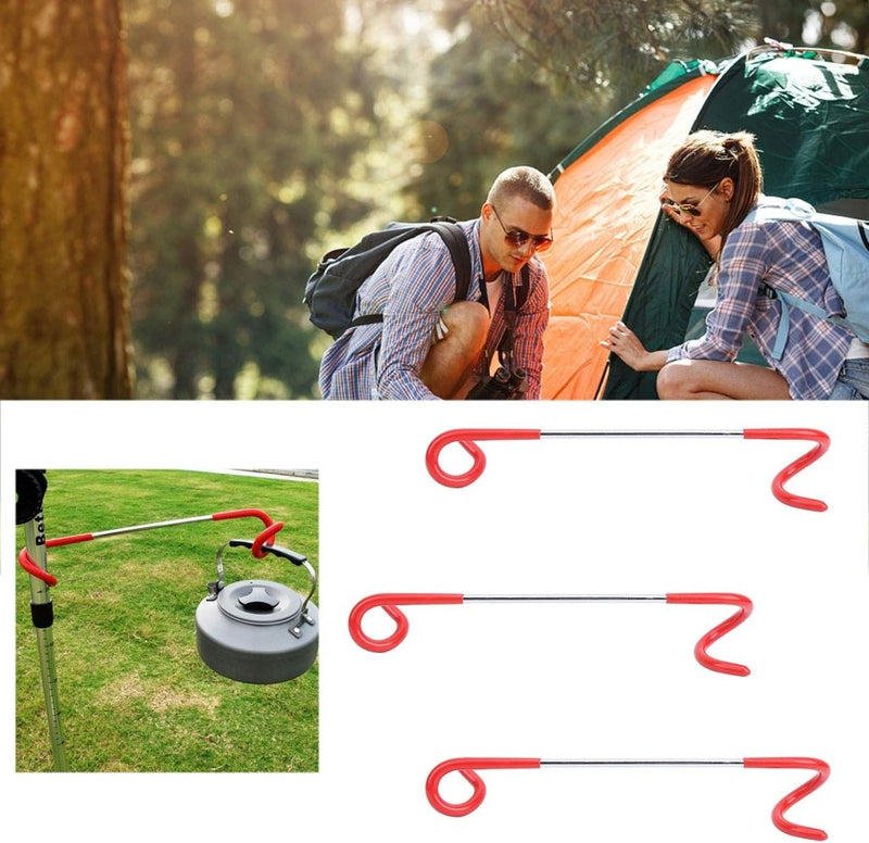 Laad afbeelding in Galerijviewer, Een man en een vrouw zetten buiten een tent op. Hieronder tonen drie afbeeldingen de &#39;Avontuurlijk licht: 3x outdoor multifunctionele campinglamp haak&#39;, een rode haaktool die perfect is om een ketel aan een paal te hangen, wat outdooravonturen nog leuker maakt.
