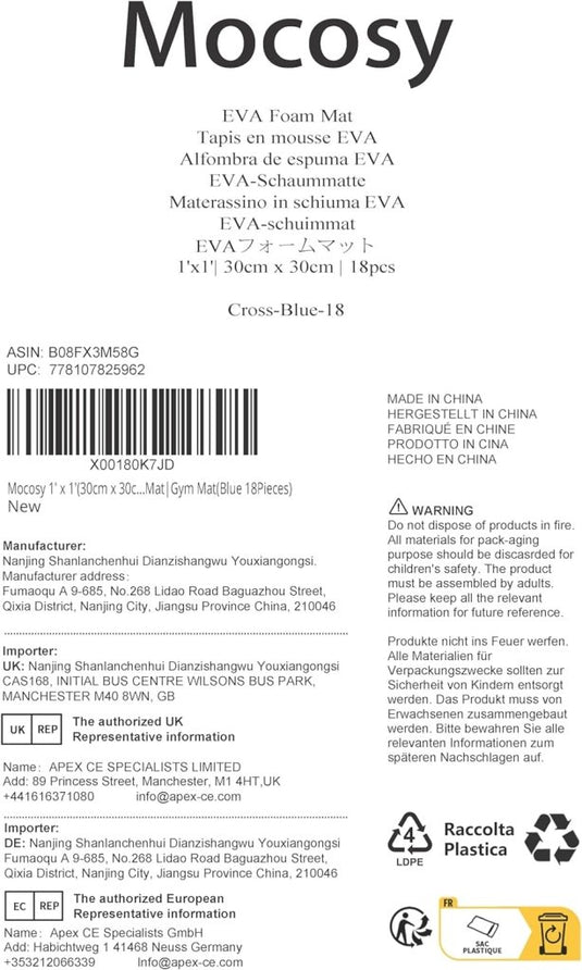 Label voor "Transformeer je vloer" EVA Foam Mat: Zachte in elkaar grijpende puzzelmat gemaakt van Rubber Ethyleenvinylacetaat. Inclusief afmetingen, inhoud, recyclingsymbolen en een waarschuwing voor verstikkingsgevaar met contactgegevens.
