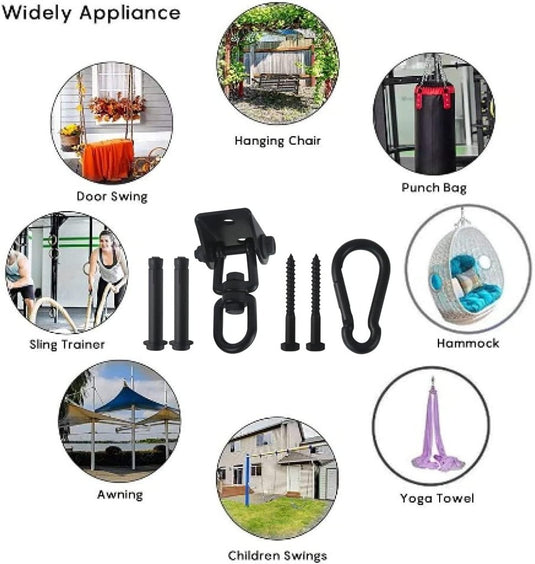 De ultieme 360° draaibare plafondhaak met roestvrij stalen schroeven voor binnen- en buitengebruik, ideaal voor deurschommels, hangstoelen, bokszakken, slings, hangmatten, zonneschermen, kinderspeelgoed en yogadoeken.