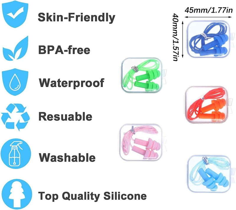 Laad afbeelding in Galerijviewer, Afbeelding van blauwe, groene en roze siliconen oordopjes in doorzichtige verpakking, met kenmerken: huidvriendelijk, BPA-vrij, waterdicht met ruisonderdrukking, herbruikbaar, wasbaar. Productnaam: &quot;Geniet van roest en comfort met onze herbruikbare siliconen oordopjes!.
