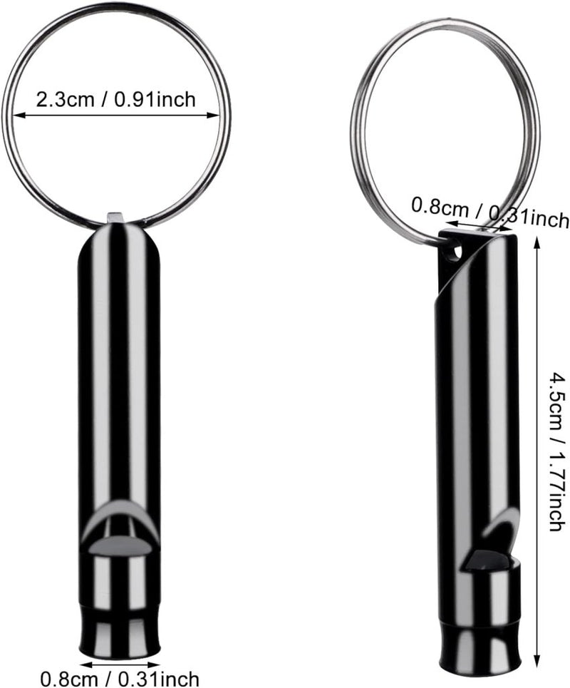 Laad afbeelding in Galerijviewer, Het Blijf veiligheidspakket bevat 6 zwarte aluminium noodfluitjes met sleutelhangers, ideaal voor outdoor avonturen. Met afmetingen van 2,3 cm diameter, 0,8 cm breedte en 4,5 cm hoogte - perfect voor elke uitdaging!.
