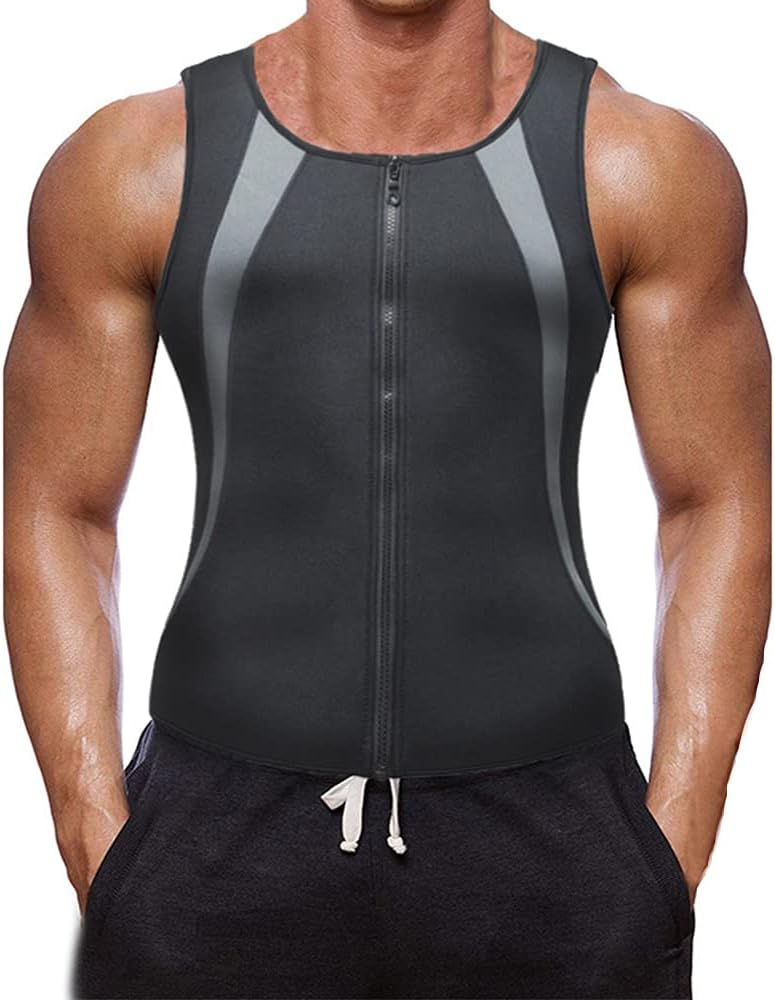 Laad afbeelding in Galerijviewer, A man draagt het 🔥 Zweet pak met zonlicht – Verbrand sneller vet tijdens elke training 💪, een mouwloos compressieshirt met lichtgrijze accenten en donkere trekkoordshorts, perfect voor intens zweten en vetverbranding.
