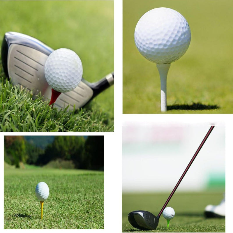 Laad afbeelding in Galerijviewer, Vier afbeeldingen tonen golfballen: linksboven op een rode tee bij een club voor precisie, rechtsboven op een witte tee die duurzaamheid laat zien, linksonder rustend op gras en rechtsonder bij een club op een groene tee, met Professionele houten golftees: de beste basis voor je swing.
