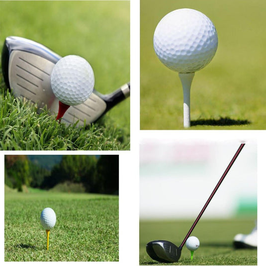 Vier afbeeldingen tonen golfballen: linksboven op een rode tee bij een club voor precisie, rechtsboven op een witte tee die duurzaamheid laat zien, linksonder rustend op gras en rechtsonder bij een club op een groene tee, met Professionele houten golftees: de beste basis voor je swing.
