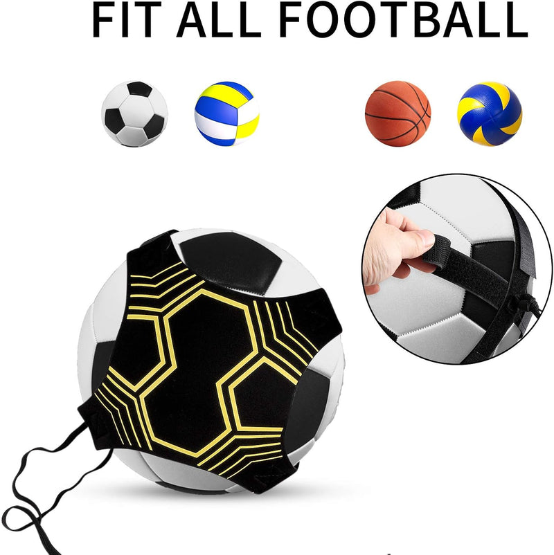 Laad afbeelding in Galerijviewer, De &quot;⚽ Verbeter je voetbalvaardigheden met deze solo voetbaltrainer!&quot; heeft een zwart-geel harnas, plus een volleybal, basketbal en twee voetballen. Een hand verstelt de band met het label &quot;FIT ALL FOOTBALL&quot;, waardoor het ideaal is voor balcontrole tijdens solotrainingen.
