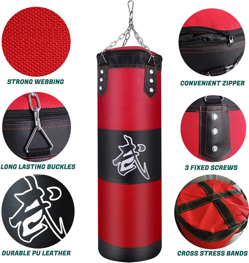 Laad afbeelding in Galerijviewer, Bouw kracht en focus op met deze stevige hangende bokszakset voor thuis, voorzien van rode en zwarte PU-leer bokszak, kettingbevestiging, sterke webbing, handige ritsen, duurzame gespen, drie schroeven en kruis stressbanden.
