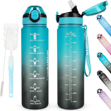 Twee 💧 BPA-vrije sportwaterflessen van 1 liter in teal gradiënt met verleidelijkde tijdmarkeringen, inclusief schoonmaakborstel; lekvrij, klaar voor elke dag en rechts zes alternatieve kleuren.