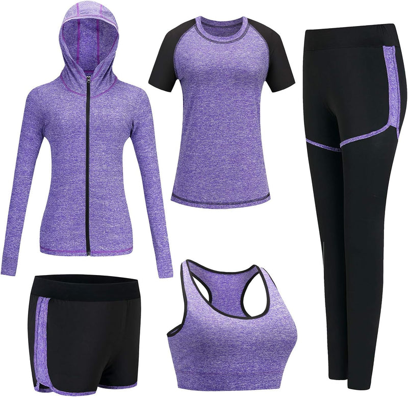Laad afbeelding in Galerijviewer, 🔥 Trainingspak voor dames – complete 5-delige set voor elke workout, elk seizoen 💪 in paars en zwart, met jack met capuchon, T-shirt, leggings, shorts en sport-bh van beperkte materiaal, getoond op witte achtergrond.

