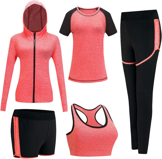 🔥 Trainingspak voor dames – complete 5-delige set in roze en zwart met bestendig materiaal: hoodie met rits, T-shirt, sport-bh, shorts en leggings. Perfect voor elke training, elk seizoen!.