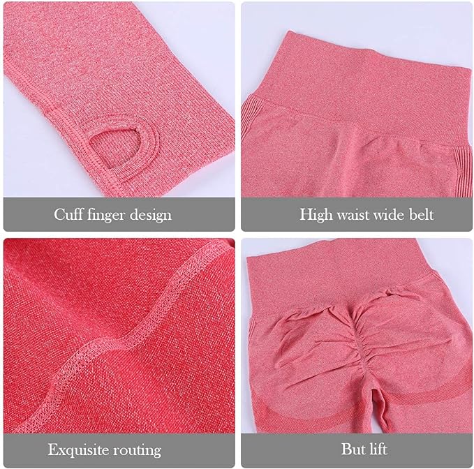 Laad afbeelding in Galerijviewer, Vier afbeeldingen van naadloze roze leggings benadrukken het ontwerp van de manchetvingers, de brede riem met hoge taille, prachtige routing en butt-lift-functie. Onderdeel van de &quot;Zie er geweldig uit en voel je geweldig in deze 3-delige yoga workoutset&quot;, is gemaakt met betrouwbare stof voor maximaal comfort en flexibiliteit.
