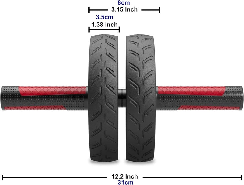 Laad afbeelding in Galerijviewer, De &quot;Versterk je core met onze Ab-roller voor thuisfitness!&quot; heeft dubbele wielen met een centrale stalen stang en rode handgrepen, ideaal voor core-versterking. Hij is 12,2 inch breed, heeft een wieldiameter van 8 cm en een spleet van 3,5 cm tussen de wielen voor stabiliteit tijdens trainingen.
