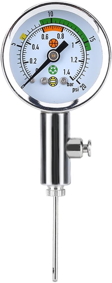 Laad afbeelding in Galerijviewer, Product: Optimaliseer je spel met onze mini luchtdrukmeter voor sportballen! Het beschikt over een wijzerplaat die bar en psi weergeeft, met gekleurde indicatoren voor verschillende drukniveaus - ideaal voor nauwkeurige luchtdrukmeting in sportballen.
