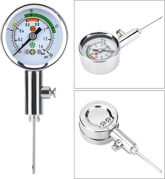 Drie afbeeldingen tonen de mini luchtdrukmeter voor sportballen, met een roestvrijstalen wijzerplaat met een drukmeter in gekleurde zones. Het bevat een metalen sonde en afstelschroef, ideaal voor het meten van druk in verschillende scenario's.