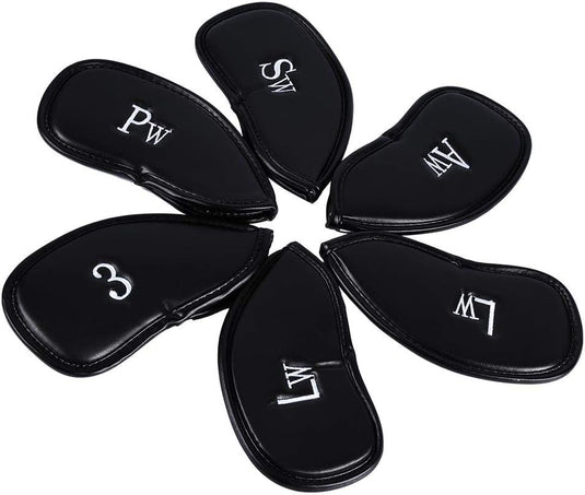 Luxe zwarte PU-lederen golf headcovers met witte borduursels in een cirkelvormig patroon, gelabeld voor clubs Pw, SW, AW, LW, LW en 3. Bescherm je clubs op de baan met stijl - 🏌️‍♂️ Bescherm je golfclubs in stijl met deze luxe golf headcovers!.