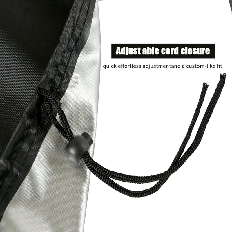 Laad afbeelding in Galerijviewer, Close-up van een zwart verstelbaar koord op onze premium roeimachine hoes, gemaakt van duurzaam waterdicht 210D Oxford-doek, met een tuimelschakelaar voor snelle aanpassing. Tekst luidt: &quot;Verstelbare koordsluiting - snelle moeiteloze aanpassing en een pasvorm die op maat lijkt.
