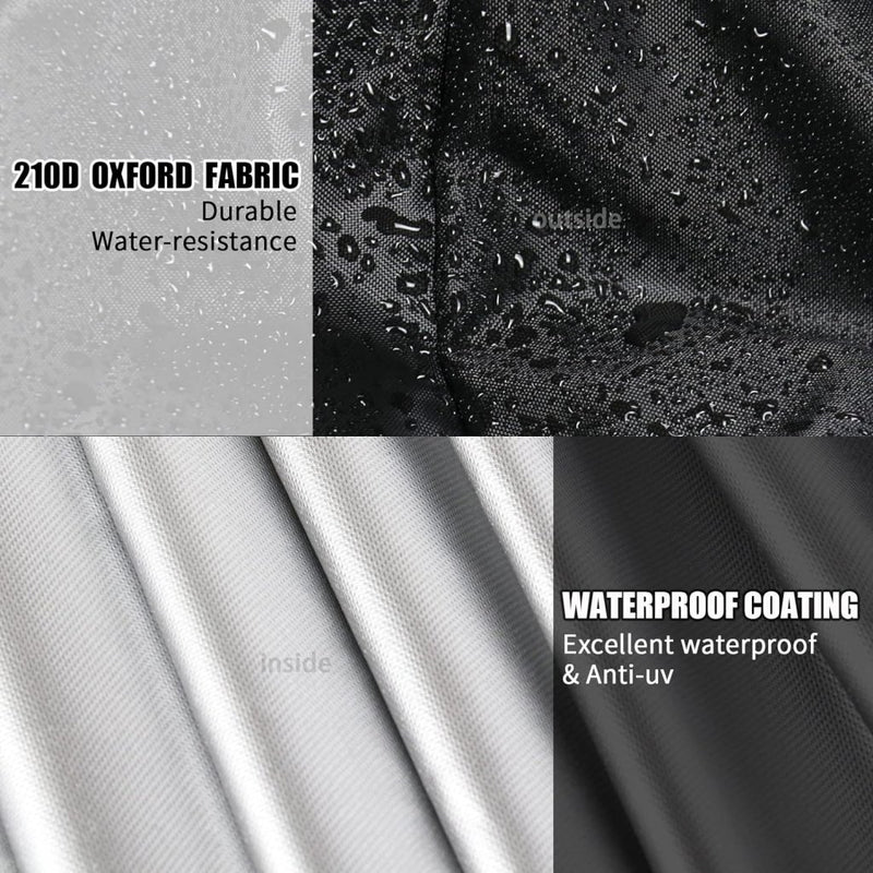 Laad afbeelding in Galerijviewer, Close-up van 210D Oxford-doek en waterdichte coating op de premium roeimachine hoezen; de linkerzijde toont de waterbestendigheid, de rechterzijde toont waterdruppels, wat de duurzaamheid en anti-UV-eigenschappen benadrukt - ideaal voor het beschermen van Bescherm je roeimachine bij verschillende weersomstandigheden.
