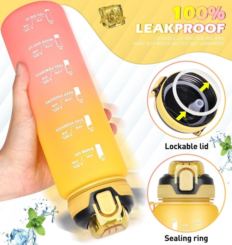 Laad afbeelding in Galerijviewer, Blijf gehydrateerd met deze aantrekkelijke sportdrinkfles! 💦🏋️‍♂️ Deze gele fles heeft tijdmarkeringen, een vergrendelbare dop, en een afdichtring voor lekvrij gebruik. Hand houdt het vlees vast tussen ijsblokjes en bladeren.
