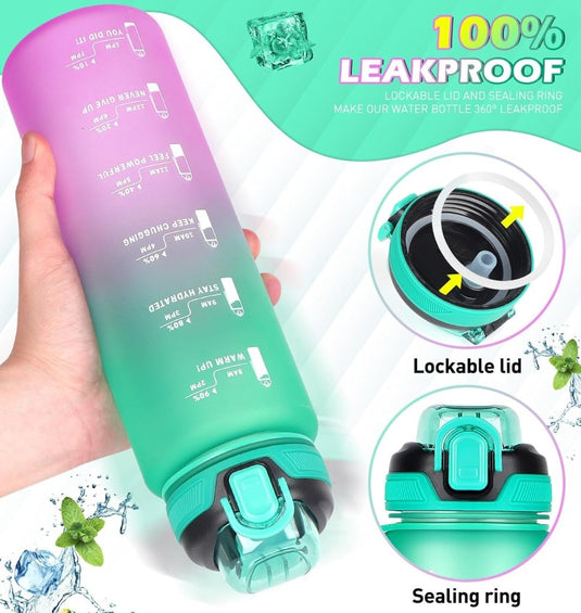 Blijf gehydrateerd met deze aantrekkelijke sportdrinkfles! 💦🏋️‍♂️ Met tijdmarkeringen, een vergrendelbaar deksel en afdichtring, is hij 100% lekvrij. Omringd door muntblaadjes en ijsblokjes.