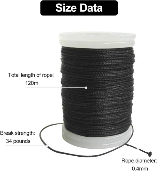 De spoel zwart touw, met een totale lengte van 120 meter, een breeksterkte van 34 pond en een diameter van 0,4 mm, is ideaal voor het aanscherpen van boogschietvaardigheden. Gemaakt van trekbestendige materialen voor duurzaamheid, verhoogt het je boogschietvaardigheden terwijl je boogschietprestaties met onze boogsnoer serverdraad toenemen!.
