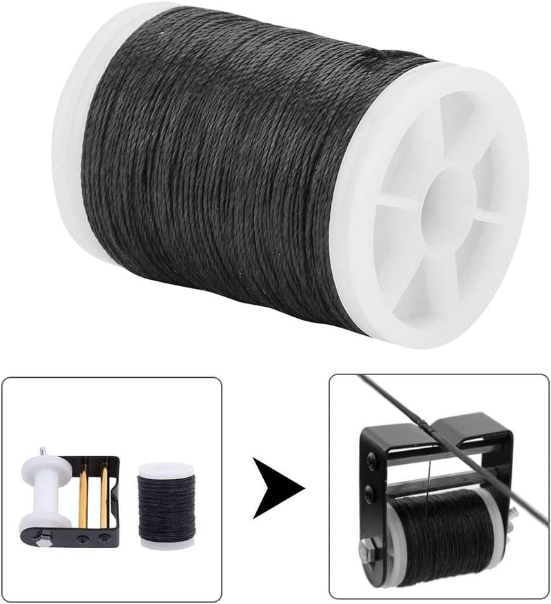 Laad afbeelding in Galerijviewer, Grote zwarte draadspoel op een witte haspel met een set kleinere spoelen en naalden, met een zwart draadinrijgapparaat. Ideaal voor het knutselen met duurzame materialen of het verbeteren van uw vaardigheden met &quot;Verhoog je boogschietprestaties met onze boogsnoer serveerdraad!.

