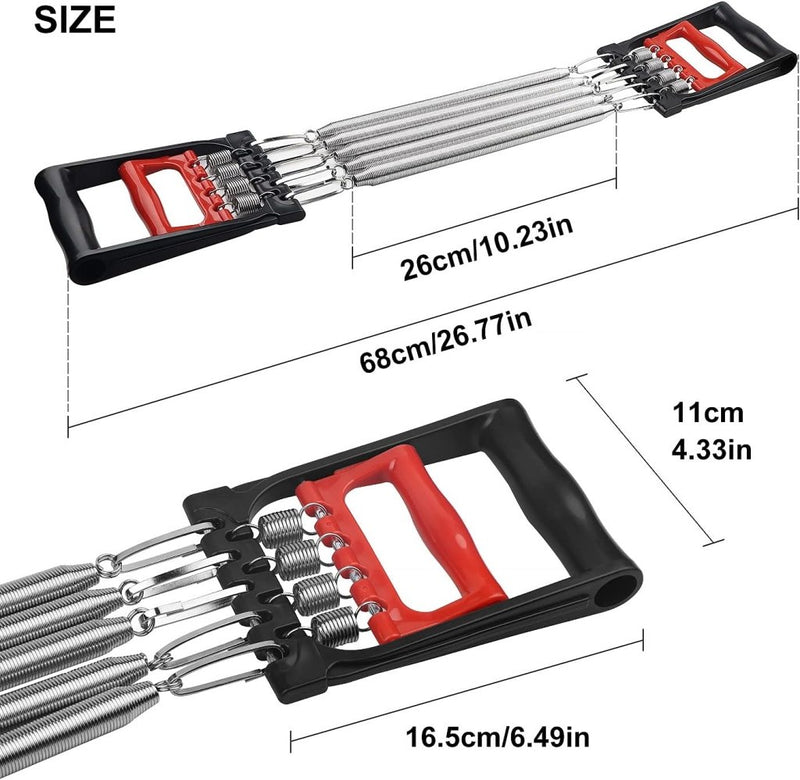 Laad afbeelding in Galerijviewer, De Verstelbare Borstexpander - Jouw complete fitnessoplossing is voorzien van vijf metalen veren en rood-zwarte handgrepen. Het meet 68 cm in lengte, 26 cm in handgreepbreedte, 11 cm hoogte, en 16,5 cm breedte. Ideaal voor krachttraining en perfect voor thuisgebruik.
