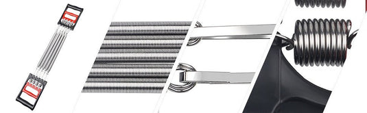 Close-up collage van de Verstelbare borstexpander, een veelzijdig fitnesshulpmiddel met metalen spiraalveren en stevige zwarte kunststof handgrepen, perfect voor krachttraining.