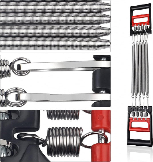 Close-up van de Verstelbare borstexpander - Jouw complete fitnessoplossing, met metalen veren, zwarte en rode plastic handgrepen en verschillende verbindingslussen. Perfect voor krachttrainingliefhebbers die hun trainingsroutine willen verbeteren.