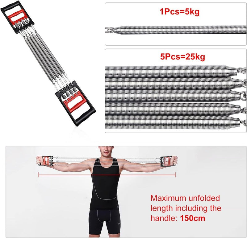 Laad afbeelding in Galerijviewer, Afbeelding van een man die de Verstelbare borstexpander gebruikt, ideaal voor krachttraining. Het heeft vijf metalen veren: 1 stuk = 5 kg, in totaal 25 kg. De maximale lengte met handgrepen is 150 cm, waardoor het een veelzijdige fitnessoplossing is voor elke trainingsroutine.

