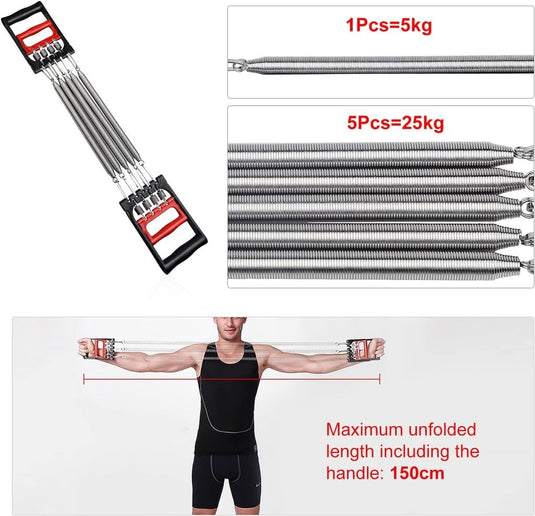 Afbeelding van een man die de Verstelbare borstexpander gebruikt, ideaal voor krachttraining. Het heeft vijf metalen veren: 1 stuk = 5 kg, in totaal 25 kg. De maximale lengte met handgrepen is 150 cm, waardoor het een veelzijdige fitnessoplossing is voor elke trainingsroutine.