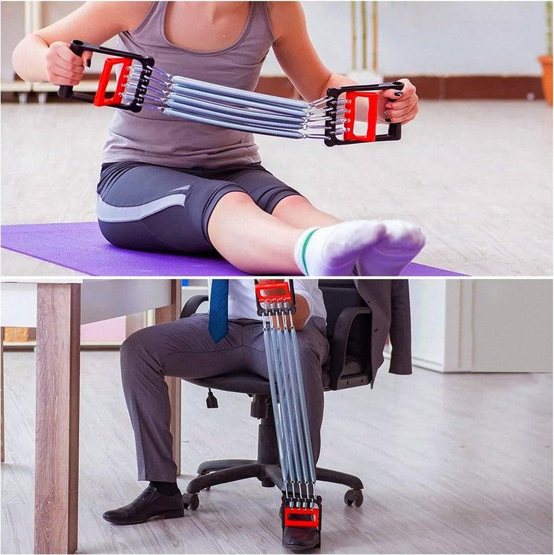 Laad afbeelding in Galerijviewer, Twee personen gebruiken een Verstelbare borstexpander - Jouw complete fitnessoplossing: de een zit op een yogamat voor een armtraining, terwijl de ander op een stoel onder een bureau een beentraining doet.

