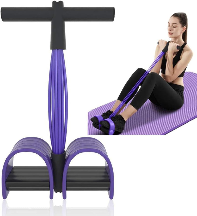 Laad afbeelding in Galerijviewer, Efficiënte buiktrainer voor thuisfitness met paarse weerstandsbanden, voetpedalen en stuur voor een full-body workout. Inzetafbeelding toont gebruik op een yogamat, waardoor het ideaal is voor gewichtsverlies en effectief als buiktrainer.
