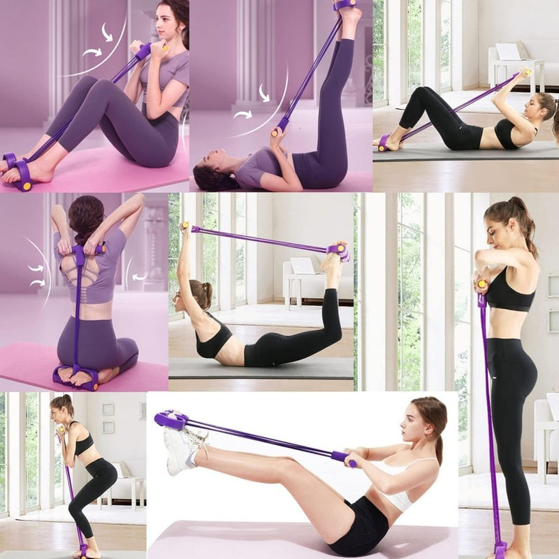 Laad afbeelding in Galerijviewer, Een collage van mensen die de Efficiënte buiktrainer voor thuisfitness gebruiken, toont hoe ze verschillende oefeningen binnenshuis doen met een paarse weerstandsband en voetpedaal. Dit benadrukt de veelzijdigheid van de Efficiënte buiktrainer als full-body trainer.
