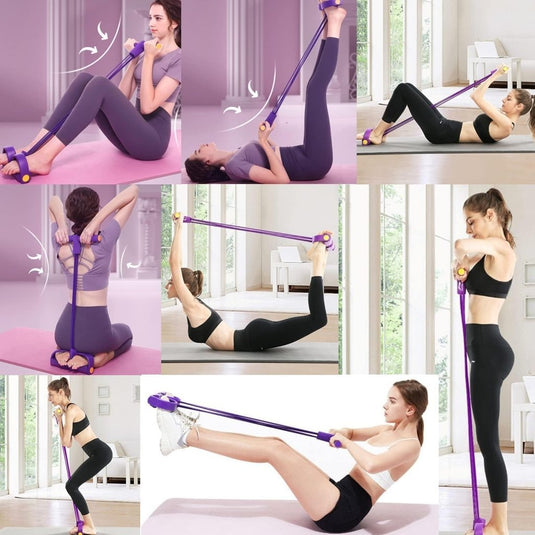 Een collage van mensen die de Efficiënte buiktrainer voor thuisfitness gebruiken, toont hoe ze verschillende oefeningen binnenshuis doen met een paarse weerstandsband en voetpedaal. Dit benadrukt de veelzijdigheid van de Efficiënte buiktrainer als full-body trainer.