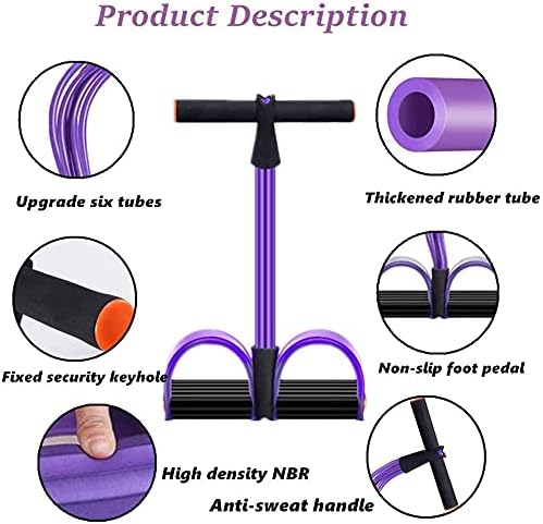 De "Efficiënte buiktrainer voor thuisfitness" is een veelzijdige full-body trainer met een paarse oefenpedaalweerstandsband met zes buizen, een rubberen voetpedaal, een zweetbestendige handgreep en een beveiligingssleutelgat, ontworpen voor effectieve calorie-inname.
