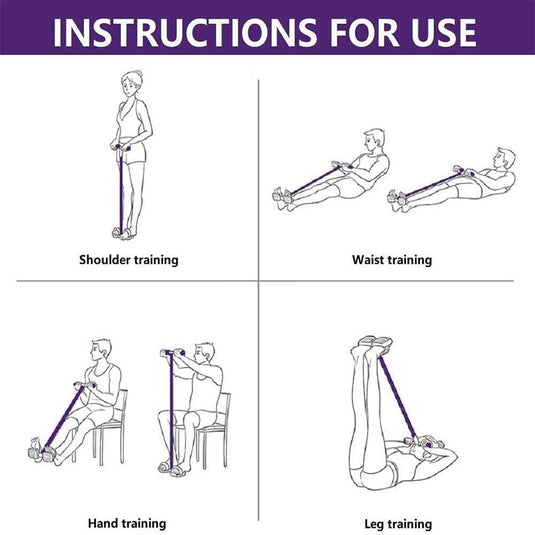 Ontdek een full-body routine met de "Efficiënte buiktrainer voor thuisfitness," met vier oefeningen: schoudertrainingen met een band, tailletraining terwijl je ligt, handoefeningen op een stoel en beentrainingen liggend met gestrekte benen. Ideaal voor gewichtsverlies en toning.