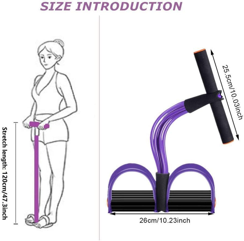Laad afbeelding in Galerijviewer, Illustratie van een vrouw die de &quot;Efficiënte buiktrainer voor thuisfitness&quot; gebruikt, een paarse weerstandsband met voetpedalen en handgrepen, ideaal voor full-body training. Afmetingen: Stretchlengte 120 cm (47,3 inch), handvathoogte 25,5 cm (10,03 inch), breedte 26 cm (10,23 inch).
