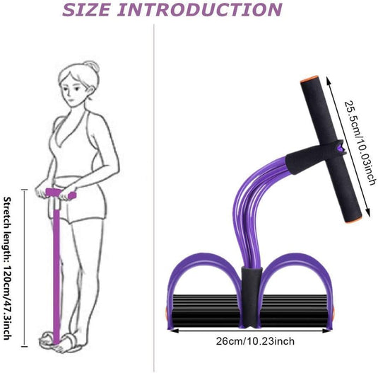 Illustratie van een vrouw die de "Efficiënte buiktrainer voor thuisfitness" gebruikt, een paarse weerstandsband met voetpedalen en handgrepen, ideaal voor full-body training. Afmetingen: Stretchlengte 120 cm (47,3 inch), handvathoogte 25,5 cm (10,03 inch), breedte 26 cm (10,23 inch).